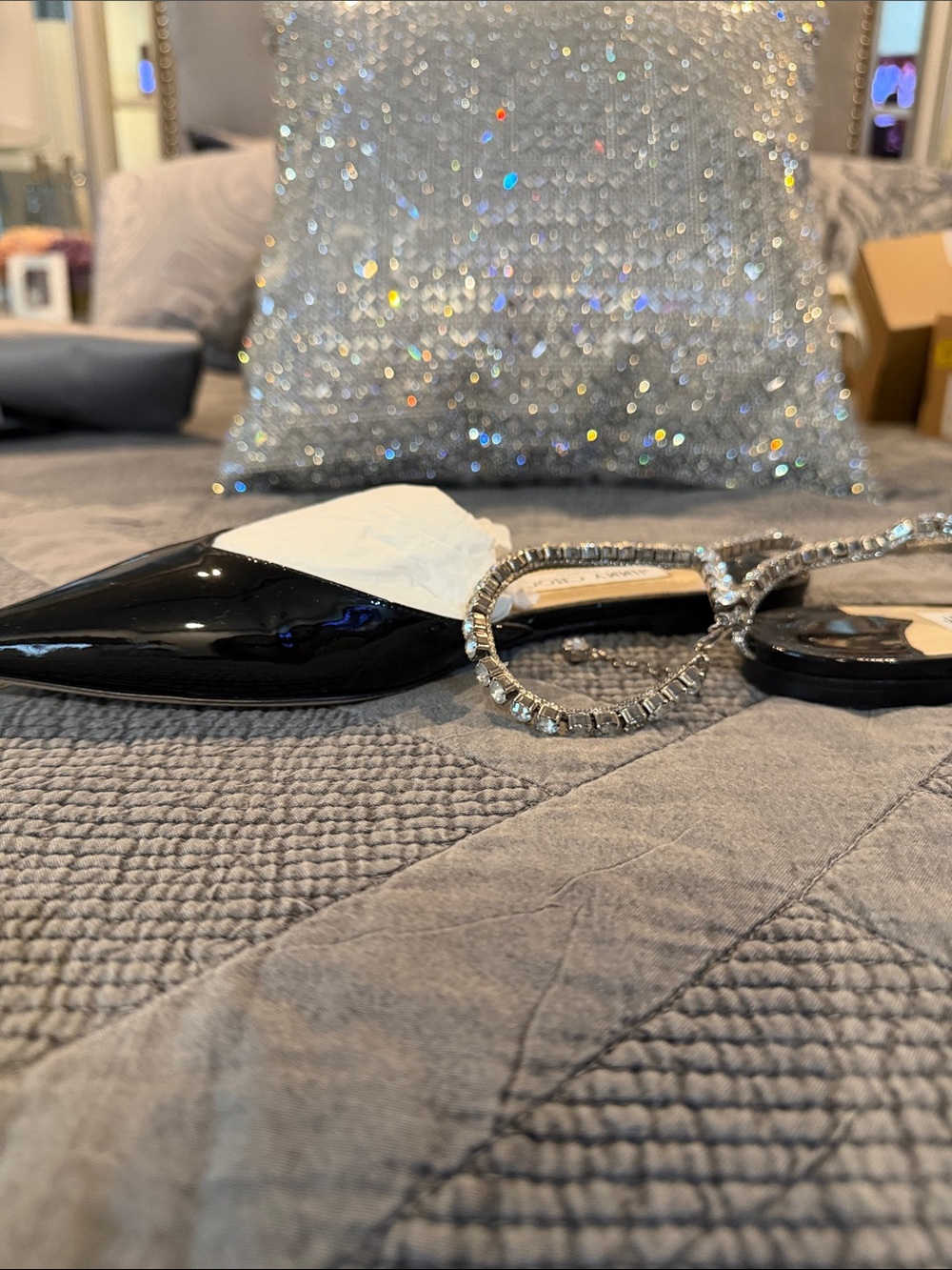 Jimmy Choo Black Patent Pointed Toe Flat with Crystal Strap Accent